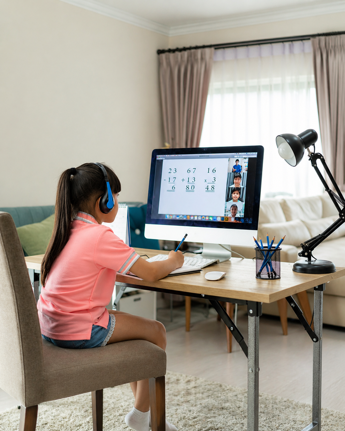 Young child joining an online English lesson from home