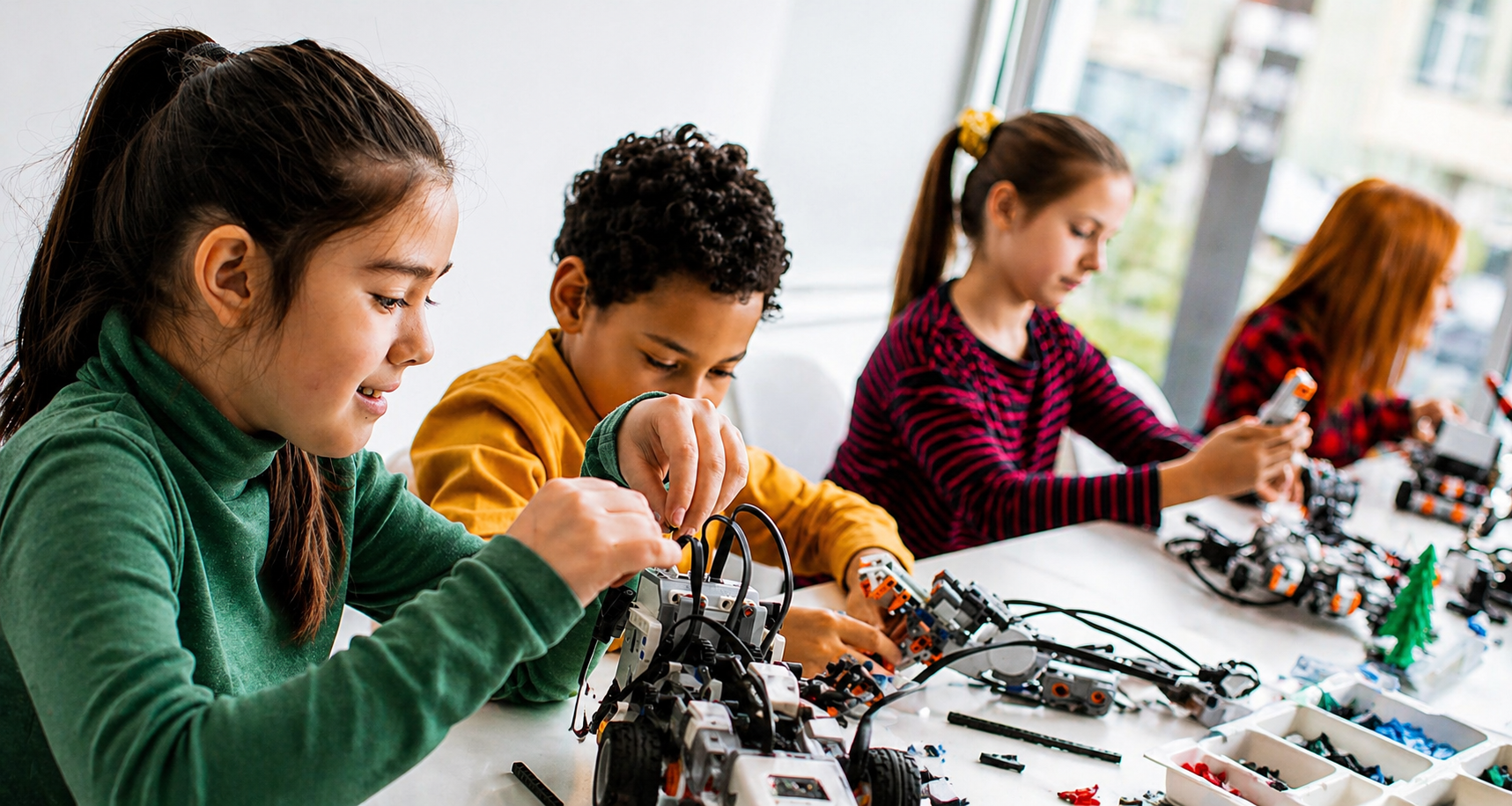KS2 pupils working together on a hands-on science and robotics activity