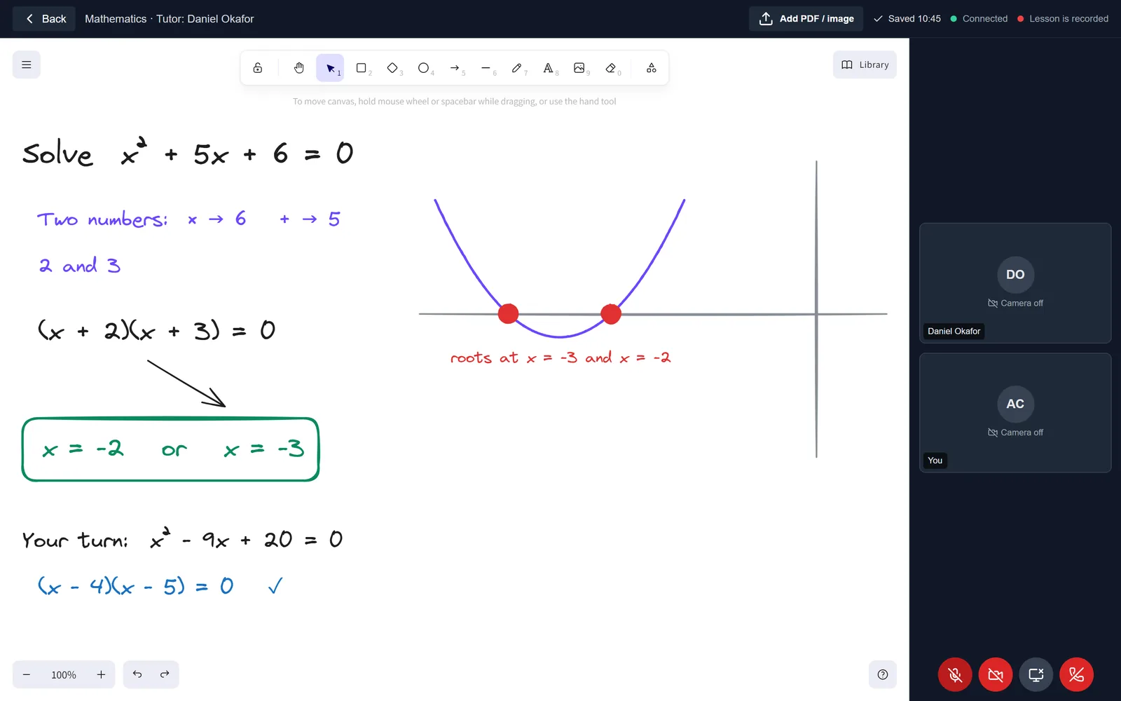 A Bloom live lesson: a worked solution to a quadratic equation on the shared whiteboard, with tutor and student video tiles.